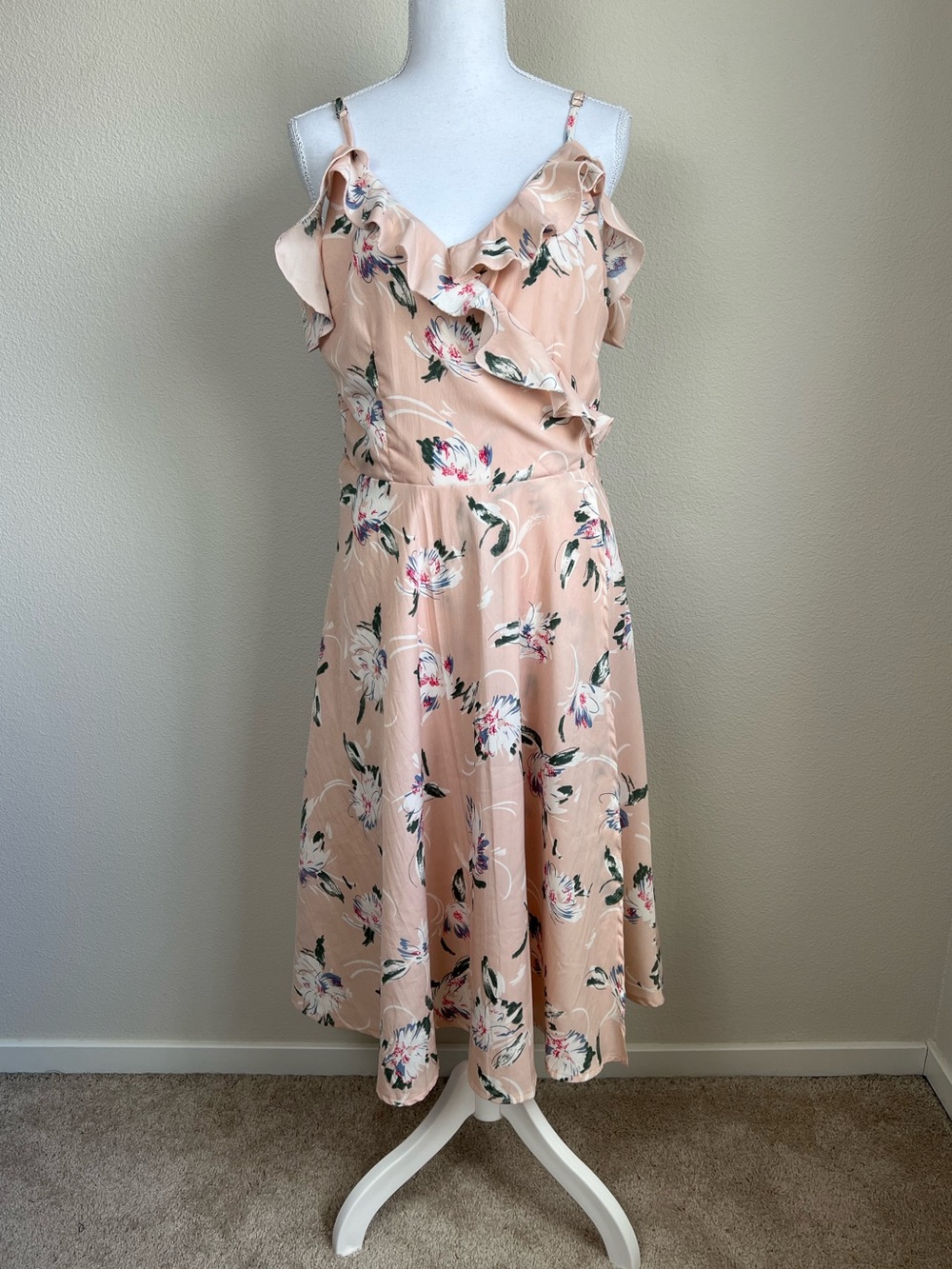 Floral Ruffle Faux‎ Wrap Midi Dress Blush Pink Cold Shoulder Wedding Guest Sz L